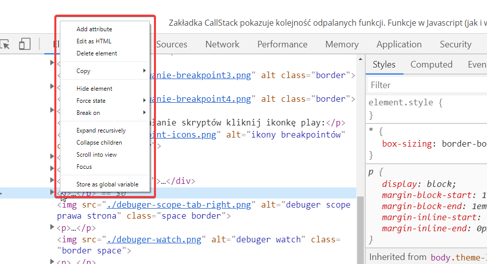 debuggert menu kontektowe